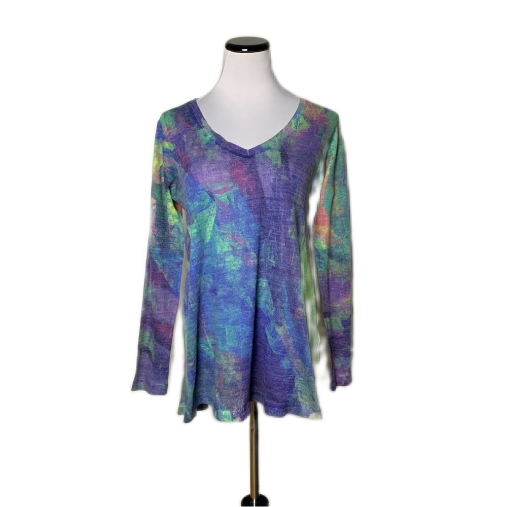 Soft Surroundings SZ M Tie Dye Watercolor 3/4 Sleeve Tunic Sweater Top